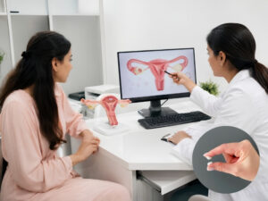Female patient discussing white discharge symptoms with Dr. Shruti Tiwari for women’s healthcare in Indore