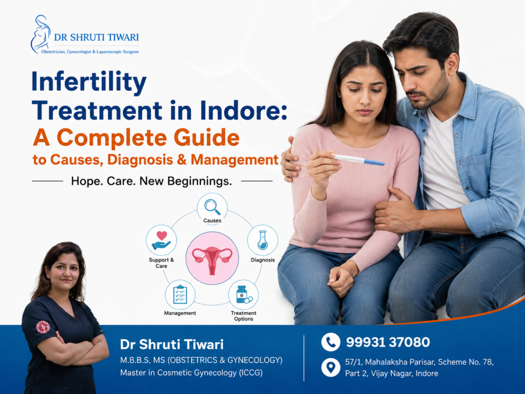 Infertility Treatment in Indore infographic featuring Dr. Shruti Tiwari and a couple, highlighting infertility causes, diagnosis, treatment options, management, and supportive fertility care.